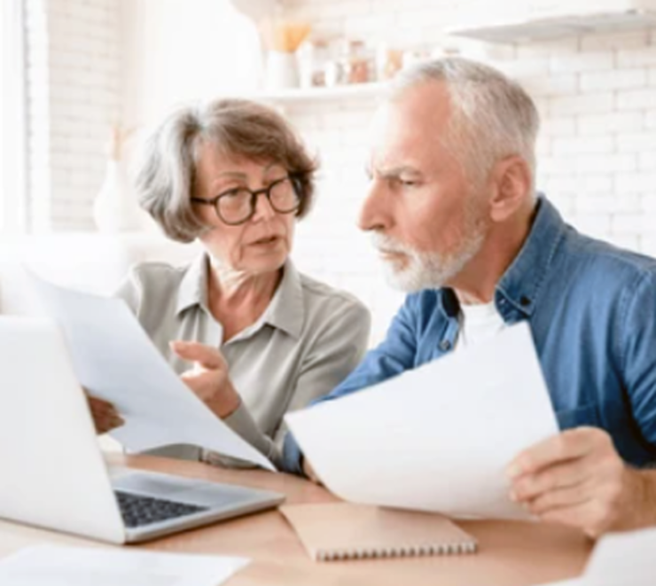 Bild: älteres Paar vorm Laptop mit Formularen in der Hand