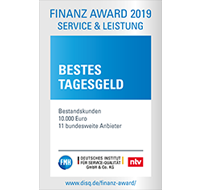 Testsiegel: Das Testsiegel (Bestes Tagesgeld) erhält die Advanzia Bank beim Finanz Award 2019 in der Kategorie (Service & Leistung), Herausgeber: Deutsches Institut für Service-Qualität