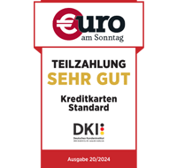 Testsiegel: Das Testsiegel (Teilzahlung sehr gut) erhält die Barclays in der Kategorie (Kreditkarten Standard). Herausgeber: Euro am Sonntag, Ausgabe 20/2024