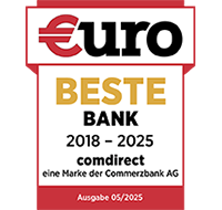 Siegel: comdirect beste Bank von 2018-2025. Herausgeber: Euro, Ausgabe 05/2025