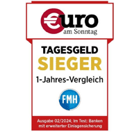 Testsiegel: Das Testsiegel (Tagesgeld Testsieger im Ein-Jahres-Vergleich) erhält die Consorsbank im Februar 2024. Herausgeber: Euro am Sonntag und FMH