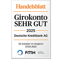 Testsiegel „sehr gut“ für das DKB Girokonto. Im Vergleich 52 Anbieter. Herausgeber: Handelsblatt und fmh, April 2025.