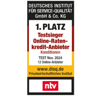 Siegel: 1. Platz, Testsieger Online-Ratenkredit-Anbieter, Kategorie Konditionen. Herausgeber: DISQ und NTV, November 2024